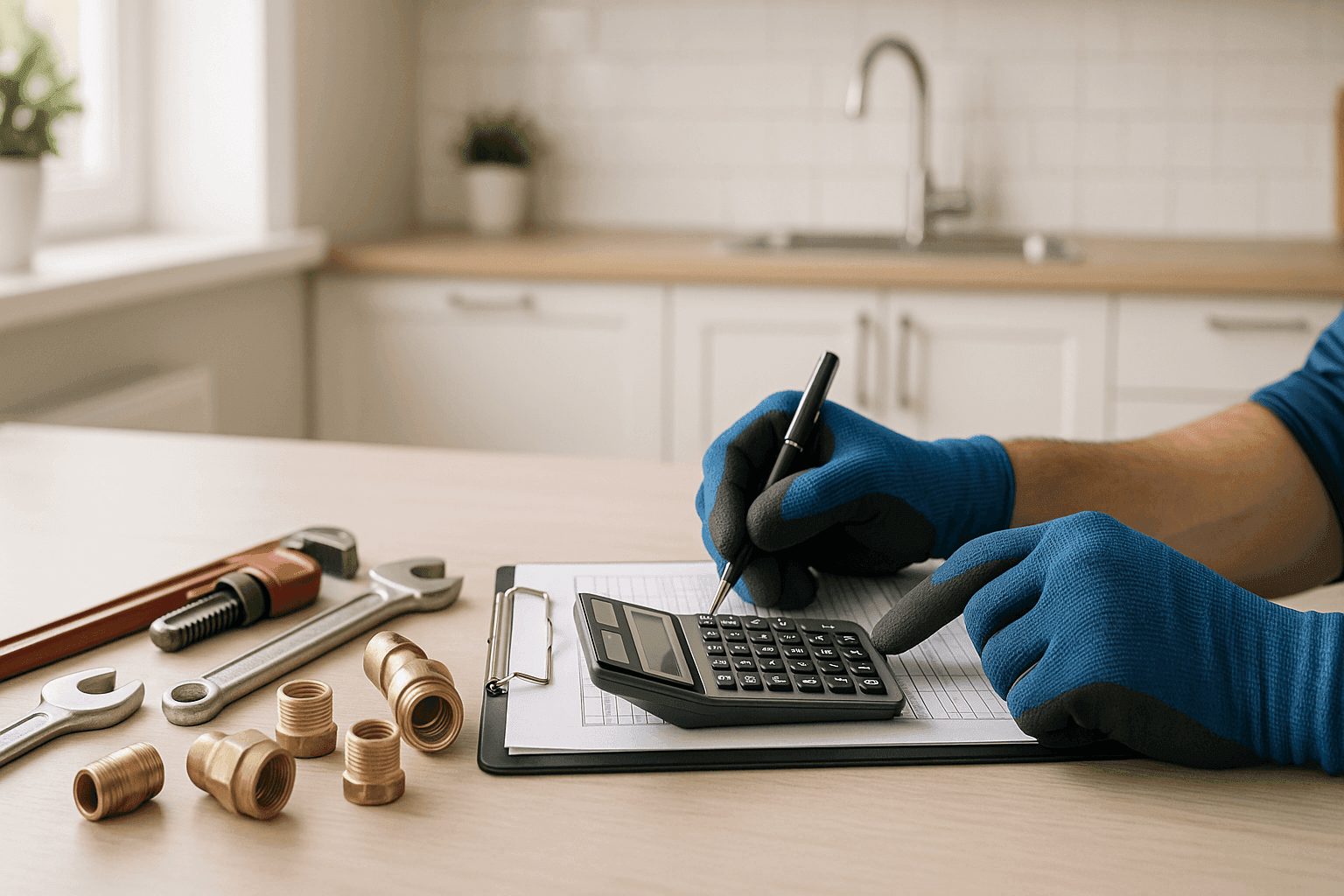 Primer plano de presupuesto de plomero y calculadora en mesa de cocina