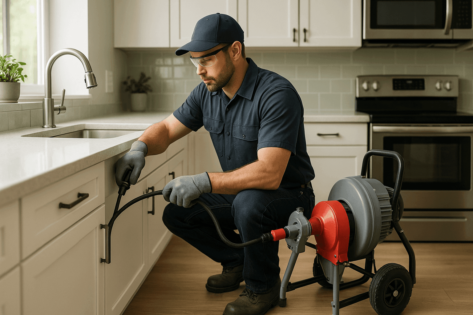 Plomero usando un desatascador eléctrico para limpiar una obstrucción en el fregadero de la cocina