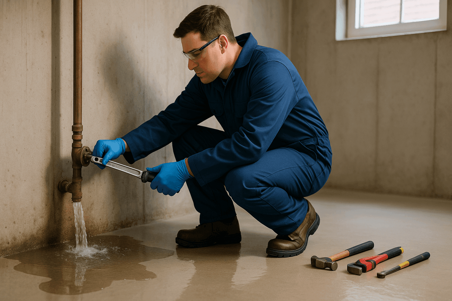 Plomero evaluando una tubería rota en una casa inundada con el agua cerrada