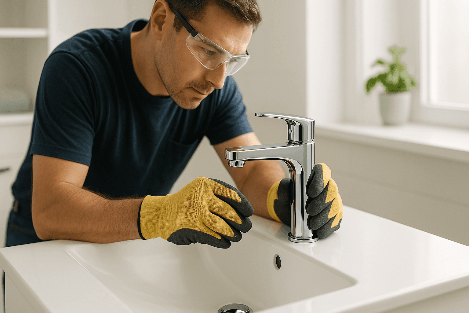 Plomero instalando una llave moderna en un lavabo contemporáneo