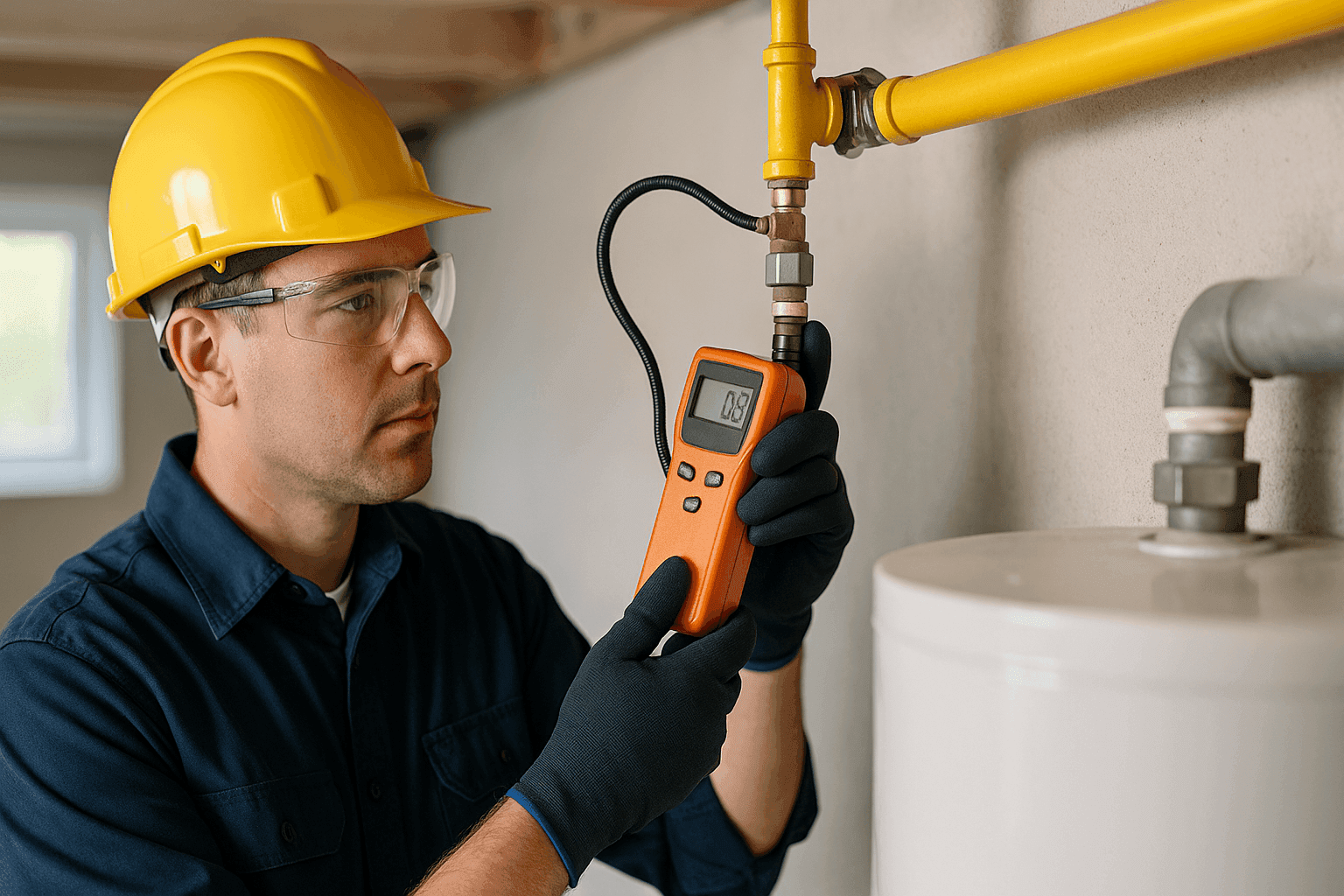 Plomero inspeccionando una línea de gas residencial con detector de gas