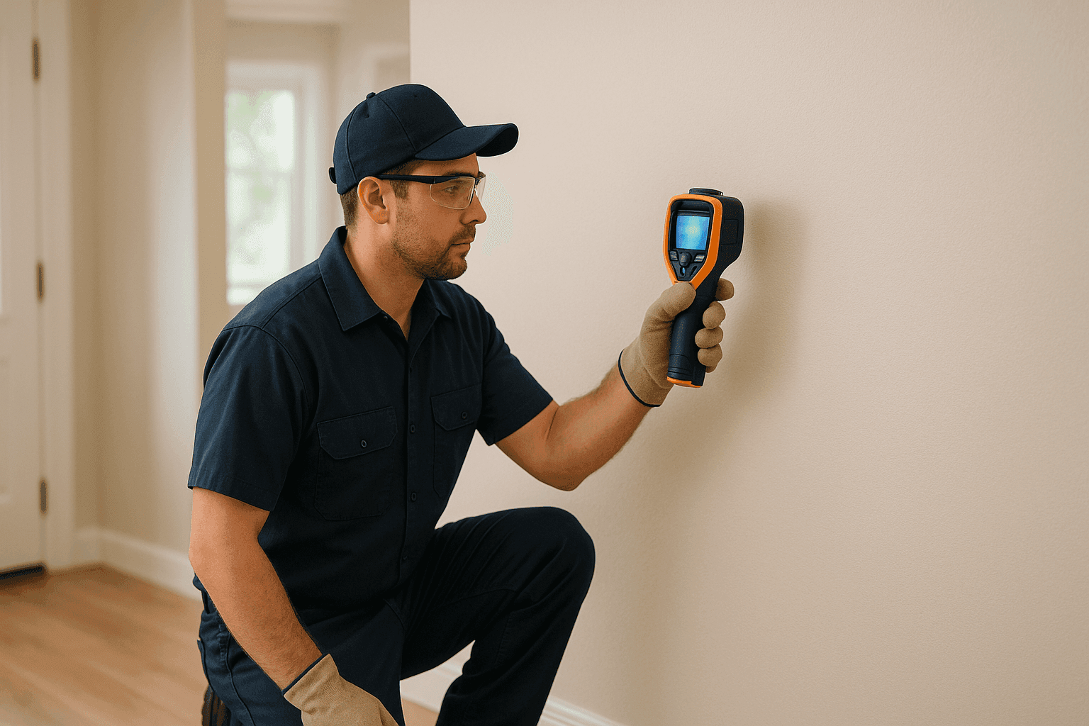 Plumber using infrared camera to check wall for hidden leak