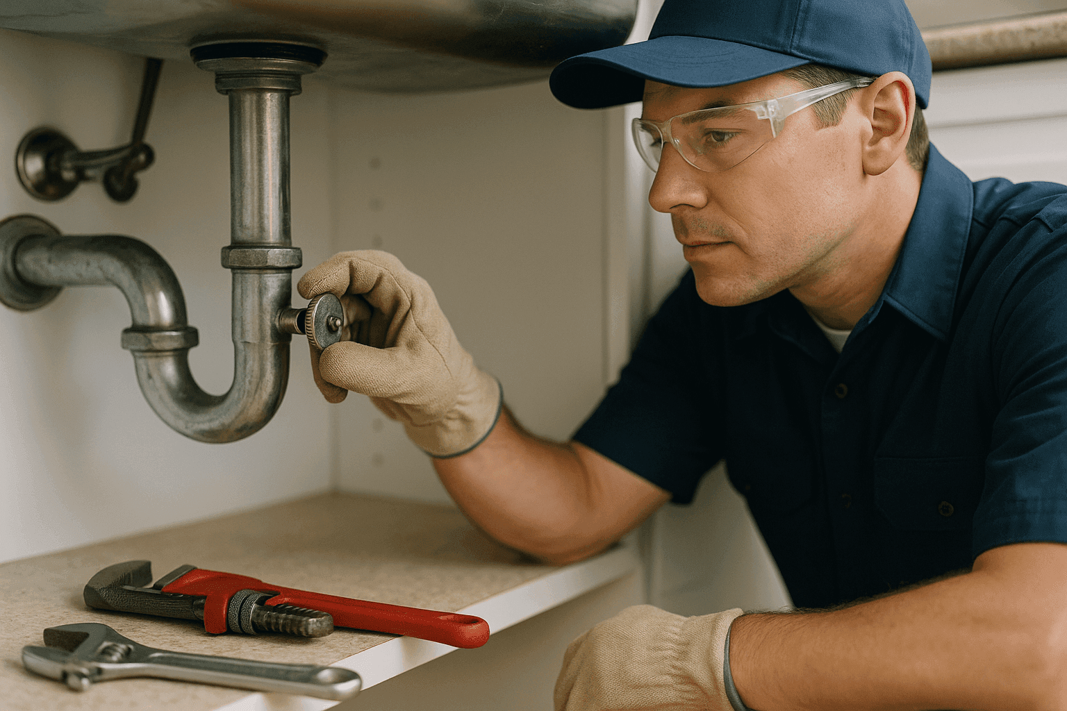 Propietario cerrando de forma segura la válvula de agua bajo el fregadero de la cocina