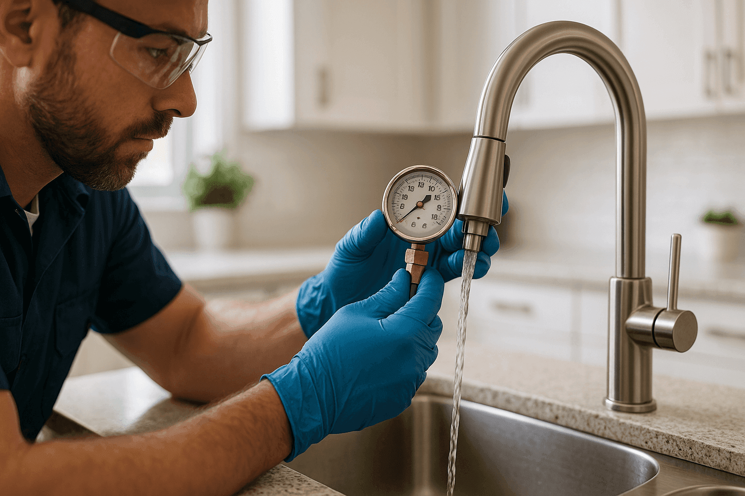 Plomero probando la presión de agua con un manómetro en un grifo de cocina