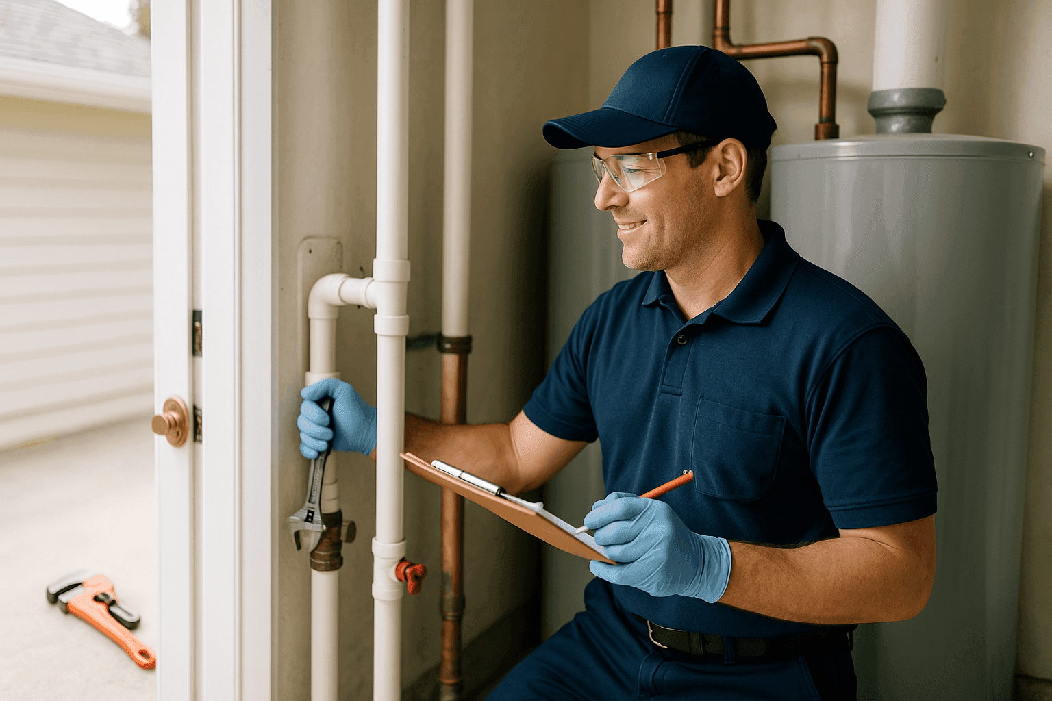 Plomero profesional realizando inspección de mantenimiento de plomería en el hogar