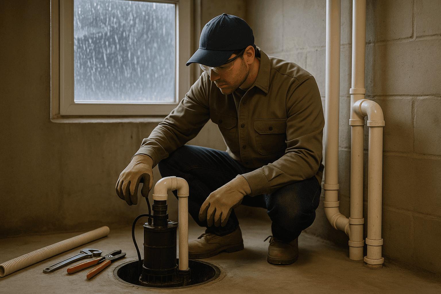 Propietario revisando la bomba de sumidero en el sótano antes de la tormenta