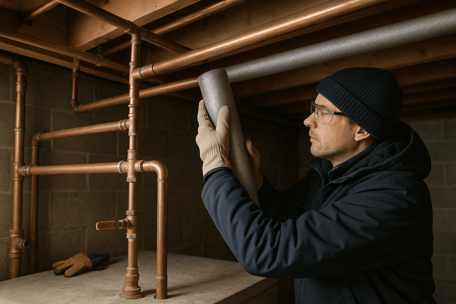 Propietario aislando tuberías de plomería en el sótano para protección invernal