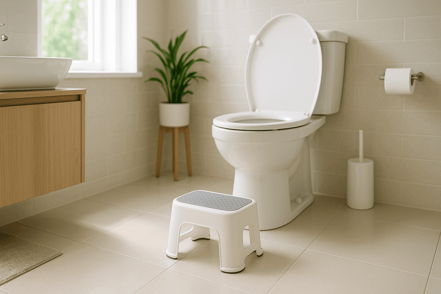 Inodoro moderno y limpio con escalón de seguridad infantil y tapa cerrada