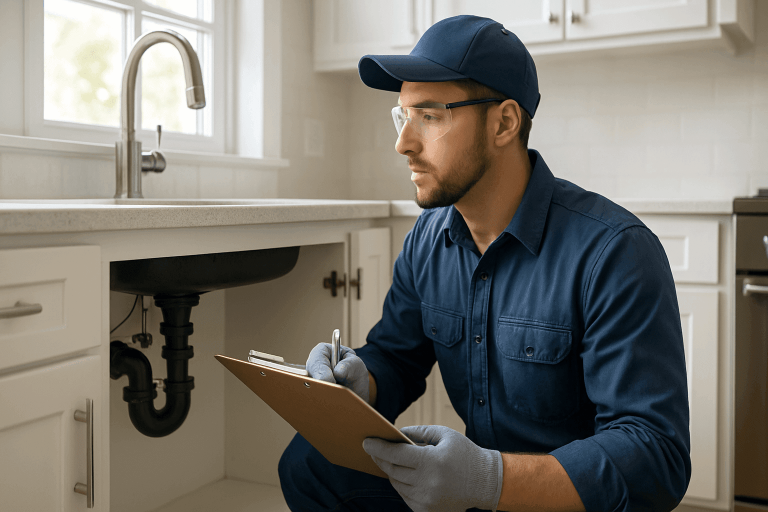 Plomero revisando la lista de mantenimiento de plomería en casa