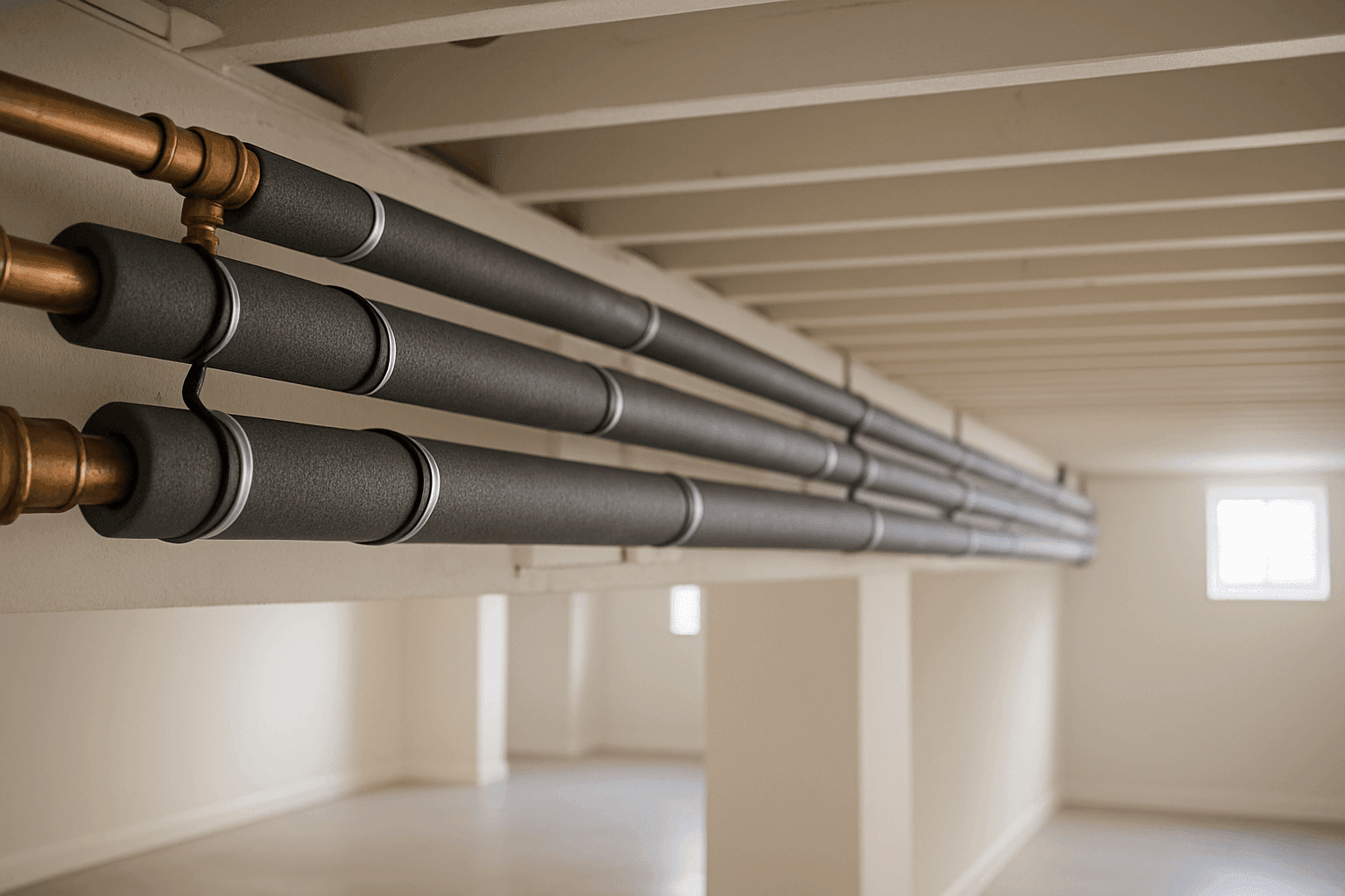 Insulated water pipes in a home basement for winter freeze prevention
