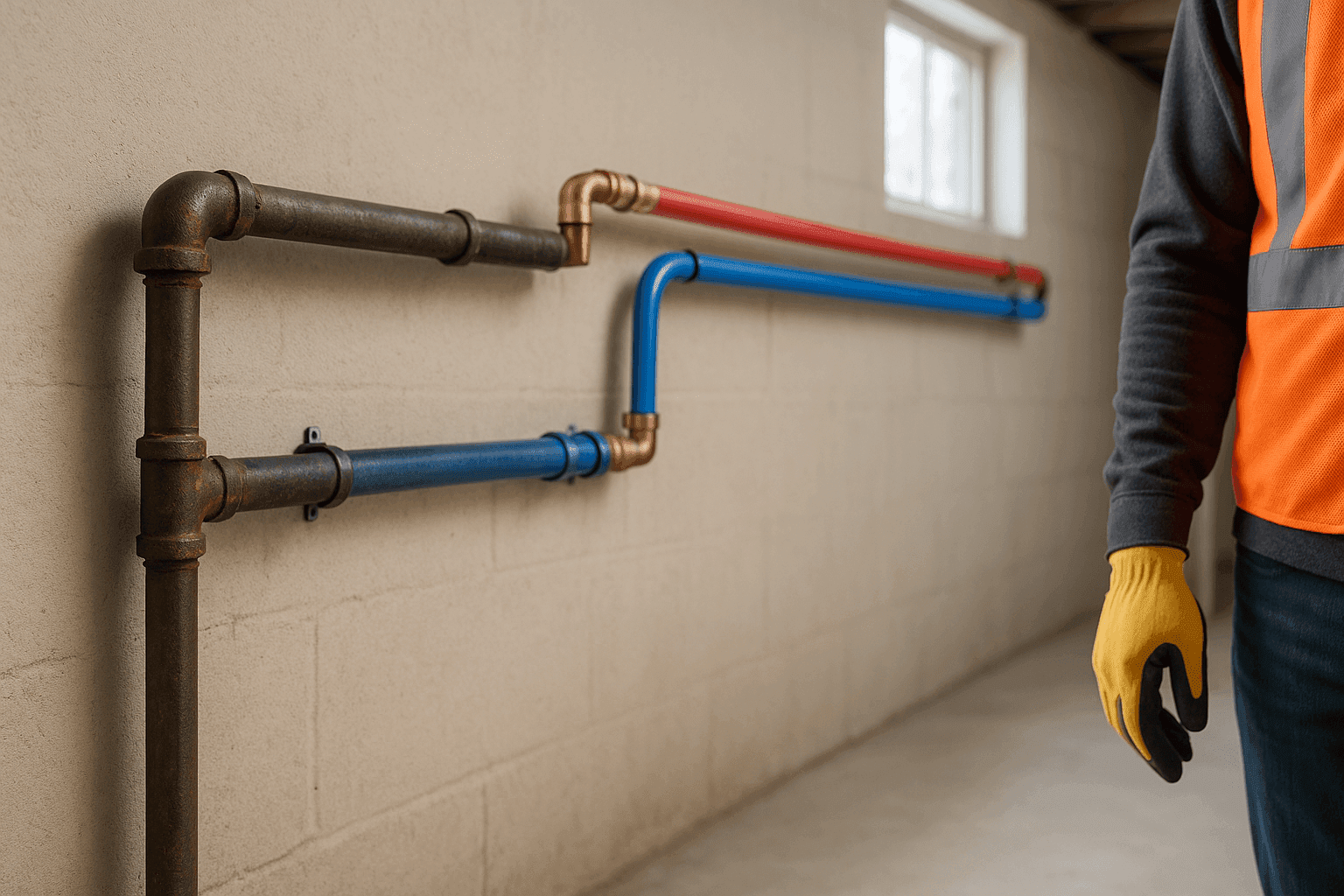 Old corroded pipes next to new PEX pipes in basement