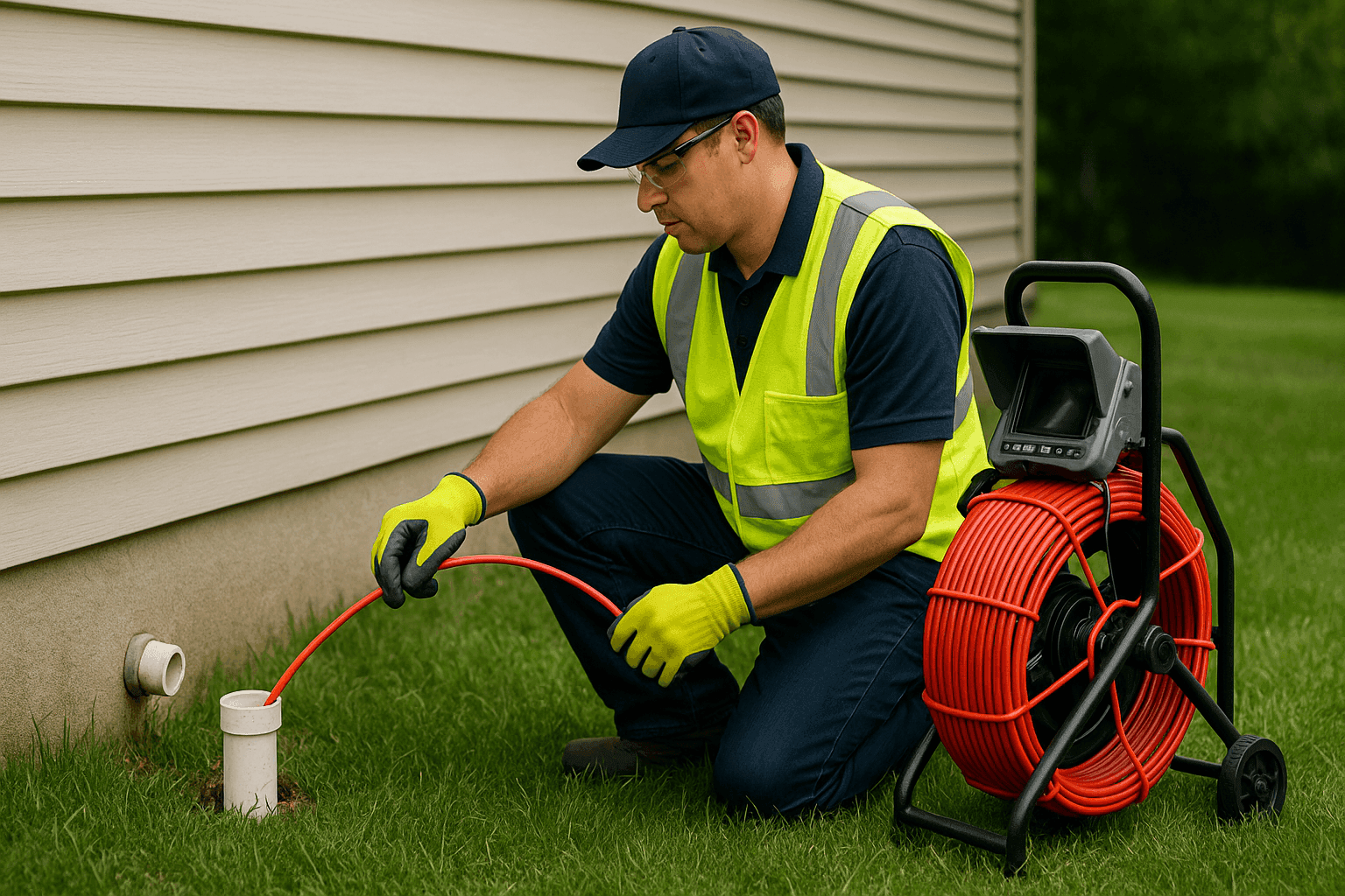 Plumber using sewer inspection camera in residential yard