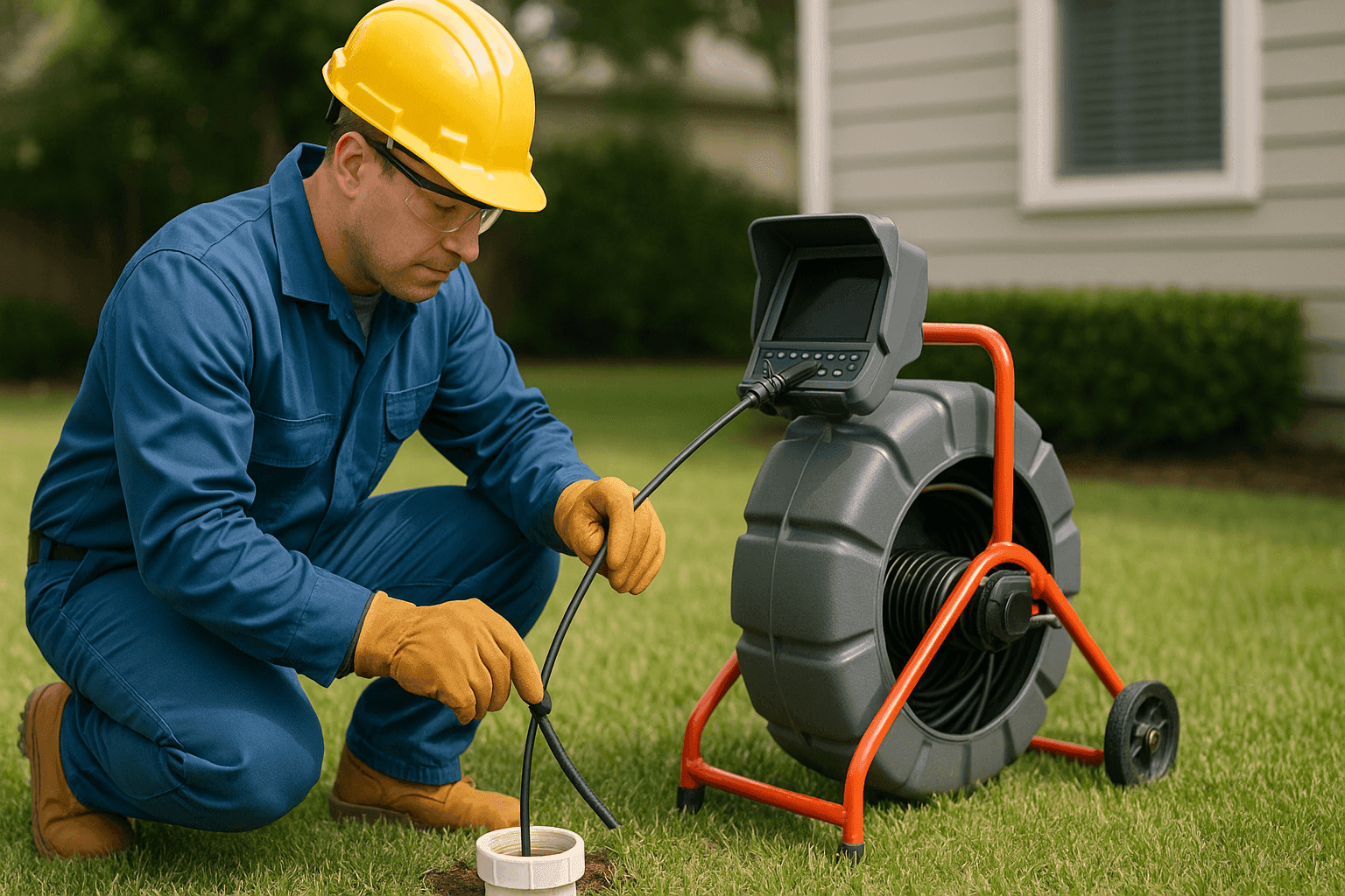 Plumber inspecting outdoor sewer cleanout with camera tool