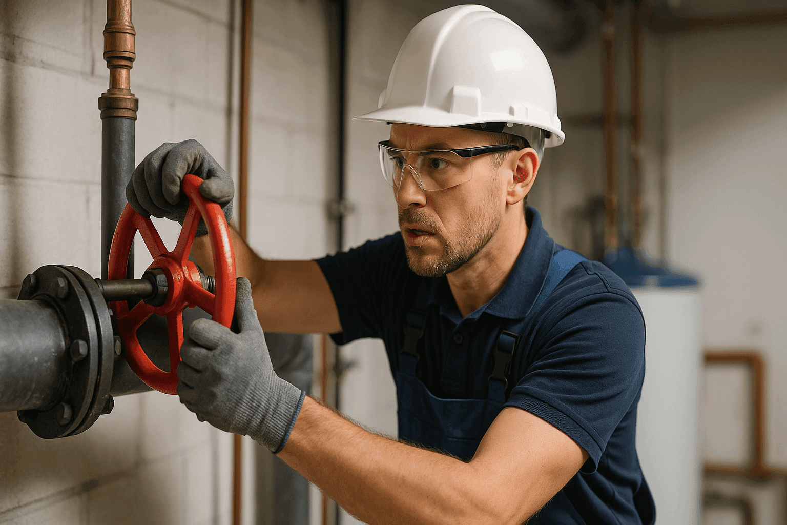 Plomero cerrando rápidamente la llave principal de agua en una emergencia