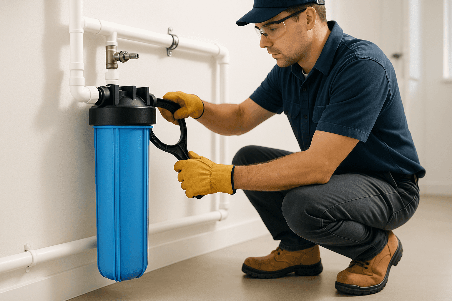 Plomero instalando un sistema de filtración de agua para toda la casa